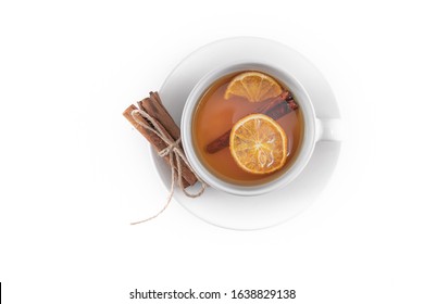 Cup Of Fruit Tea With Dry Orange And Cinnamon Isolated On White Background. Topview, From Above