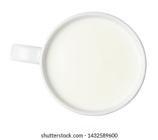 Cup Full Of Milk Isolated On White. Close Quarters. Top View.