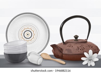 Cup glass flower teapot dish wooden spoon kitchen set white background with - Shutterstock ID 1946882116