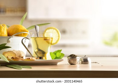 Cup of green tea with ginger lemon and mint on wooden table with leaves, metal bowl on wooden table and white isolated background. Front view. - Powered by Shutterstock