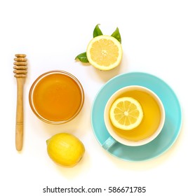 Cup Of Green Tea With Lemon And Honey Isolated On White Background. View From Above.