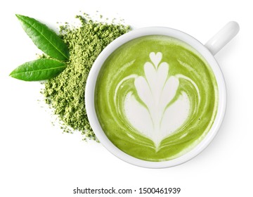 Cup of green tea matcha latte foam art with powder and fresh leaves isolated on white background, top view