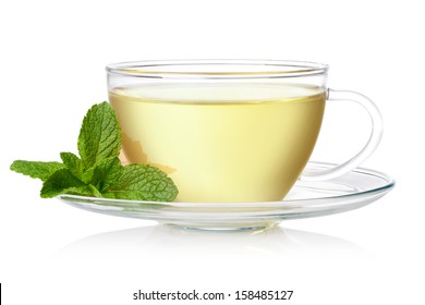 Cup Of Green Tea With Mint On A White Background