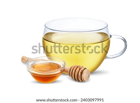 Cup of herbal tea with honey isolated on white background. Herbal hot drink. Alternative medicine, natural remedy for cold and flu