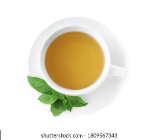 Cup With Hot Aromatic Mint Tea Isolated On White, Top View