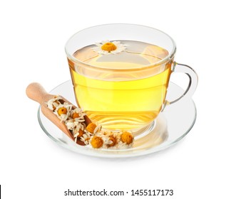 Cup Of Hot Chamomile Tea On White Background