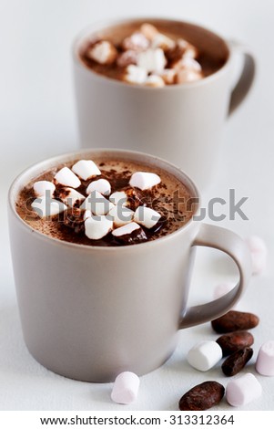 Cup of hot chocolate cocoa drink with marshmallows, milky choc dessert beverage