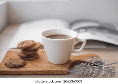 A Cup Of Hot Chocolate And Cookies On Wooden Tray For Winter Background