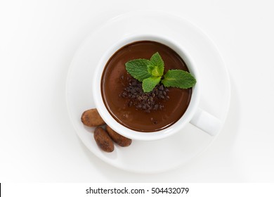 Cup With Hot Chocolate Decorated With Mint, Top View, Horizontal