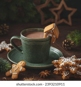 Cup of hot chocolate with gingerbread cookies. Christmas and New Year sweet drink and food holiday concept. - Powered by Shutterstock