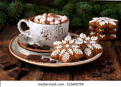 Cup with hot chocolate and gingerbread cookies  for christmas holiday. Holiday concept