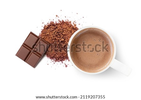 Cup of hot cocoa drink and chocolate bar with pile of cocoa powder isolated on white background. Top view. Flat lay.
