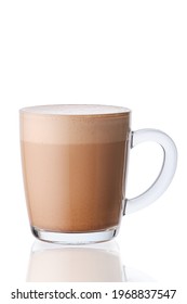 Cup Of Hot Cocoa Drink In Transparent Glass Isolated On White Background