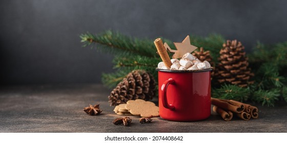 Cup of hot cocoa with marshmallow and cinnamon stick surrounded by spruce branches. Cozy seasonal holidays. Side view, dark background - Powered by Shutterstock