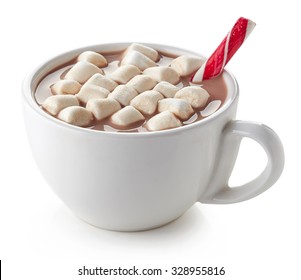 Cup Of Hot Cocoa With Marshmallows And Candy Stick Isolated On White Background