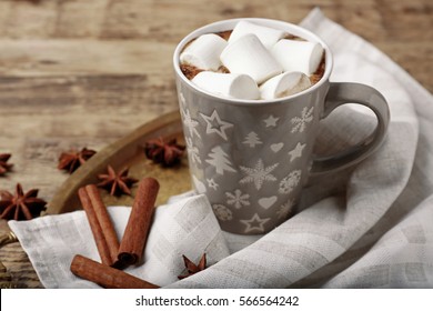 Cup Of Hot Cocoa With Marshmallows On Tray, Closeup