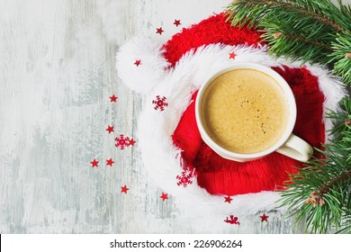 Cup Of Hot Coffee On A Christmas Holiday Table. Holidays And Events