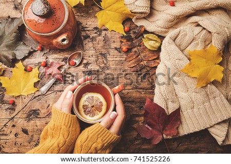 Cup of hot tea with lemon in woman's hands holding it over wooden autumn background with leaves and plaid Top view. Warm drink concept.