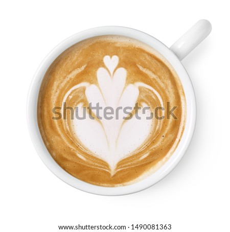 Cup of latte or cappuccino art drawing isolated on white background, top view