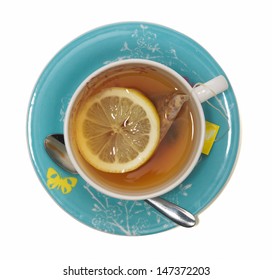 Cup Of Lemon Tea, Shot From Above With Slice Of Lemon.