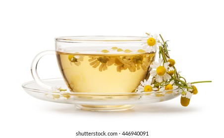 Cup Of Medicinal Chamomile Tea Isolated On White Background