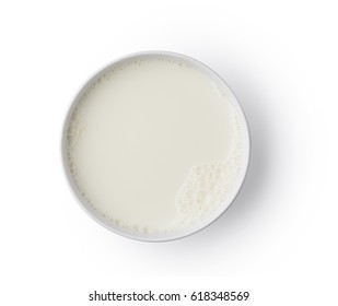 Cup with milk bubble foam on top view isolated texture on white background object design