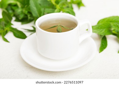 Cup of mint tea on table background. Green tea with fresh mint top view with copy space.