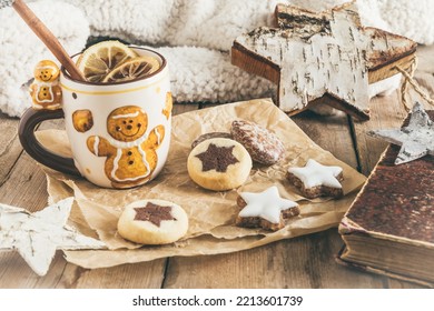 Cup With Mulled Wine Or Punch Or Spiced Tea With Christmas Cookies, Harmonious Light Colors, Christmas Coffee Break