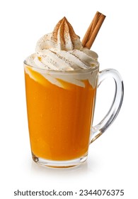 cup of orange pumpkin cinnamon smoothie decorated with whipped cream isolated on white background