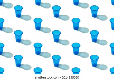 Cup Pattern Background. Plastic Waste. Eco Friendly. Environment Care. Collection Of Blue Minimalist Disposable Transparent Crumpled Flexible Glasses Isolated On White.