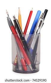 Cup With Pens And Pencils Isolated