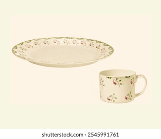 Cup and Plate with Delicate Green and Red Floral Patterns - Powered by Shutterstock