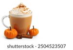 cup of pumpkin spice latte with whipped cream and cinnamon or nutmeg sprinkle.  isolated on white background with copy space. Pumpkin gourd squash is a traditional American vegetable in October