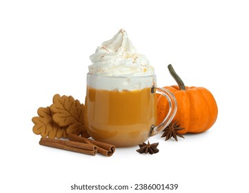 Cup of pumpkin spice latte with whipped cream, squash, cookies, anise and cinnamon sticks isolated on white