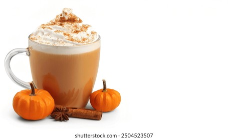 cup of pumpkin spice latte with whipped cream and cinnamon or nutmeg sprinkle.  isolated on white background with copy space. Pumpkin gourd squash is a traditional American vegetable in October