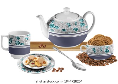 Cup set with biscuits and coffee with spoon kitchen set - Shutterstock ID 1944728254