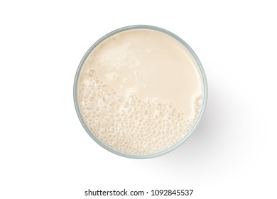 Cup With Soy Milk Bubble Foam Isolated On White Background, Top View