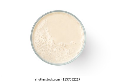 Cup With Soy Milk Bubble Foam Isolated On White Background, Top View