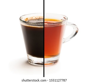 Cup Split  In Half. Tough Choice Tea Vs Coffee Concept  