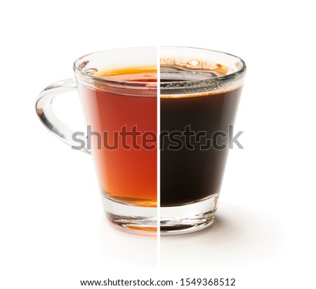 Cup split  in half. Tough choice tea vs coffee concept  