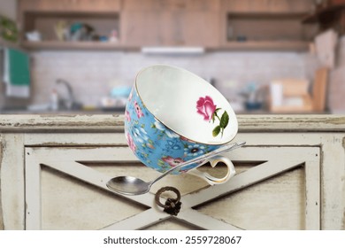 A cup and a spoon are falling down from table in the kitchen