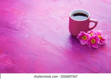 Cup Of Spring Coffee With Primula Flowers - Food And Drink