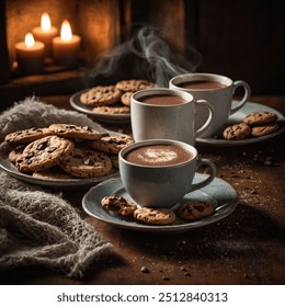 A cup of steaming hot chocolate placed next to a plate of freshly baked cookies. The soft lighting creates a warm and inviting atmosphere, perfect for a cozy afternoon treat. - Powered by Shutterstock