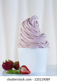 Cup Of Strawberry Frozen Yogurt Or Soft Serve Ice Cream With Fresh Fruit.