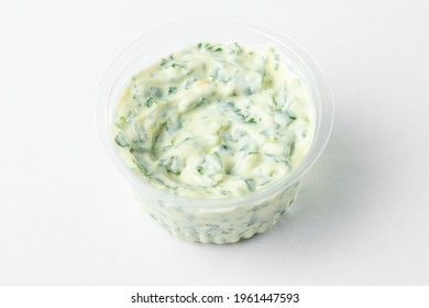 A Cup Of Tartar Sauce On White Background. Delicious And Healthy Addition For Fish Dishes.