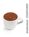 Cup of tasty melted chocolate on white background