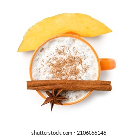 Cup Of Tasty Pumpkin Latte On White Background