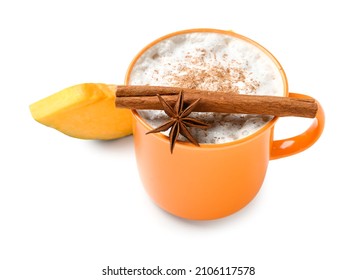 Cup Of Tasty Pumpkin Latte On White Background