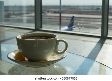 Cup Of Tea In Airport Business Lounge While Waiting For The Flight