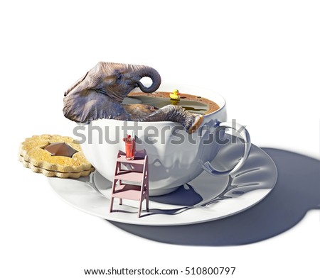 the cup of tea as the bathtub and elephant inside. Photo combination concept 